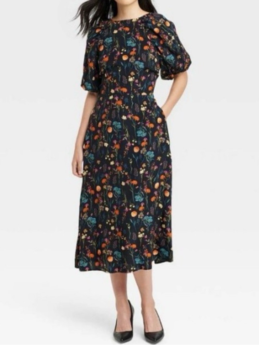 a new day Black Floral Puff-Sleeve Lightweight High Neck Midi Dress Size Large